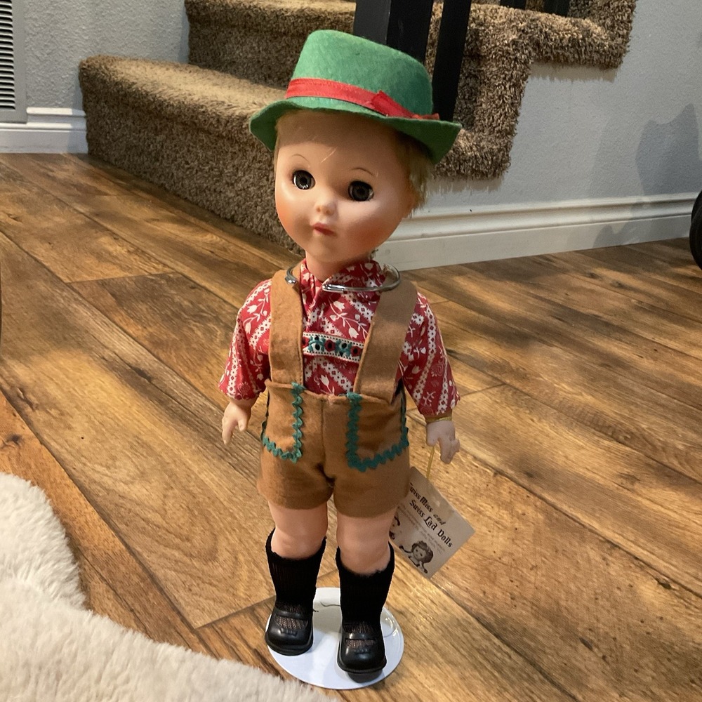 1962 Jolly Toys 13" Little Love‎ Swiss Doll Lad On Stand Blinking Eyes Collector